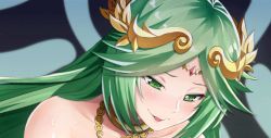 1girl animated animated_gif blush green_eyes green_hair hair_ornament jewelry kid_icarus long_hair lowres matanonki matching_hair/eyes necklace nintendo open_mouth palutena sexually_suggestive solo sweat tongue rating:Questionable score:196 user:döner