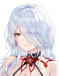  1girl acheron_(honkai:_star_rail) alternate_form black_choker body_markings bright_pupils choker earrings eyes_visible_through_hair hair_over_one_eye highres honkai:_star_rail honkai_(series) jewelry long_hair looking_at_viewer markings official_alternate_color portrait red_eyes red_lips simple_background solo three_quarter_view white_(user_gpgw2383) white_background white_hair white_pupils 