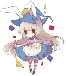 1girl animal_ears animal_hat black_footwear blue_bow blue_bowtie blue_hat blue_skirt blunt_bangs bow bowtie chibi chuo_(irityuo) circle closed_mouth expressionless hat hat_bow irisu_kyouko irisu_shoukougun! long_hair long_sleeves looking_at_viewer pink_shirt pink_thighhighs puffy_long_sleeves puffy_sleeves rabbit_ears red_eyes shirt sidelocks simple_background skirt solo striped_clothes striped_thighhighs thighhighs triangle very_long_hair white_background white_hair witch_hat