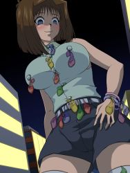  artist_request belt blue_eyes blush bracelet breasts brown_hair button_shirt buttons city city_lights cityscape condom covered_erect_nipples empty_eyes hand_on_own_hip highres jewelry large_breasts mazaki_anzu short_hair shorts sleeveless smile solo solo_focus tagme used_condom  rating:Explicit score:29 user:Sera_Lover
