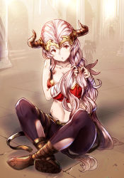  1girl aliza_(granblue_fantasy) bandages bandaged_hand braiding_hair breasts commentary_request draph granblue_fantasy hairdressing headpiece horns large_breasts long_hair midriff pointy_ears red_eyes silver_hair sitting solo yasai_no_ou-sama_lettuce 