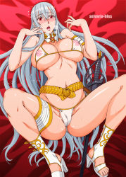  00s 1girl bed belt bikini blush breasts cameltoe character_name feet female_focus gradient_background hanzaki_jirou high_heels large_breasts legs lips long_hair long_legs lying nail_polish navel nipples open_mouth pink_lips pink_nails red_eyes see-through selvaria_bles senjou_no_valkyria senjou_no_valkyria_(series) senjou_no_valkyria_1 shiny_skin shoes silver_hair solo spread_legs swimsuit sword thick_lips thick_thighs thighs very_long_hair weapon white_bikini  rating:Explicit score:84 user:CrimsonChaosx123