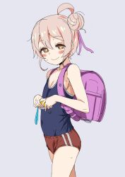  1girl ahoge backpack bag blue_one-piece_swimsuit blush_stickers bright_pupils brown_eyes buruma closed_mouth covered_navel crime_prevention_buzzer crime_prevention_buzzer_threat double_bun female_focus flat_chest genderswap genderswap_(mtf) grey_background hair_bun hair_ribbon half-closed_eyes loli md5_mismatch one-piece_swimsuit onii-chan_wa_oshimai! oyama_mahiro pink_ahir purple_ribbon randoseru ribbon simple_background smile sody solo swimsuit swimsuit_under_clothes webp-to-png_conversion white_pupils 