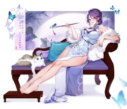  1girl absurdres bare_shoulders blue_butterfly blue_eyes breasts bridge bug butterfly cat chair china_dress chinese_clothes chinese_text cleavage cleavage_cutout clothing_cutout cushion dress eoe feather_boa floral_print flower folding_fan footstool full_body hair_bun hair_flower hair_ornament hand_fan high_heels highres holding holding_fan holding_smoking_pipe insect large_breasts long_dress looking_at_viewer lying mature_female no_shoes on_side pantyhose parted_lips pelvic_curtain purple_footwear purple_hair purple_nails red_lips renjian_meihao_guanceji see-through see-through_legwear shoes short_hair sitting sleeveless sleeveless_dress smoking_pipe solo unworn_shoes virtual_youtuber white_background white_dress white_flower yumo_(eoe)  rating:Sensitive score:11 user:danbooru