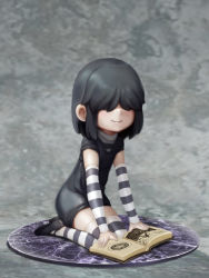  1girl arm_warmers black_dress black_hair book dress faux_figurine full_body goth_fashion hair_over_eyes highres jcm2 lucy_loud sitting smile solo striped_clothes striped_thighhighs the_loud_house thighhighs wariza  rating:Sensitive score:90 user:danbooru