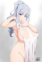 1girl areola_slip artist_name blunt_bangs breasts covered_erect_nipples covering_breasts covering_privates female_pubic_hair tucking_hair hairband huge_breasts idolmaster idolmaster_(classic) jabara_tornado jpeg_artifacts long_hair looking_at_viewer naked_towel nude_cover open_mouth ponytail pubic_hair purple_eyes see-through_silhouette shijou_takane signature silver_hair silver_pubic_hair simple_background smile solo thighs towel wet_towel rating:Questionable score:121 user:danbooru