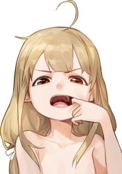 1girl ahoge blonde_hair brown_eyes commentary_request finger_in_own_mouth futaba_anzu hand_to_own_mouth idolmaster idolmaster_cinderella_girls long_hair looking_at_viewer modare mouth_pull nude open_mouth simple_background solo spread_lips teeth tongue upper_body v-shaped_eyebrows white_background rating:Questionable score:29 user:danbooru