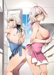 2girls ahoge angry apron arched_back artoria_pendragon_(all) artoria_pendragon_(fate) ass ass-to-ass bare_arms bare_legs bare_shoulders blonde_hair blue_apron blue_sky blush breasts butt_crack clenched_teeth cloud cloudy_sky commentary_request counter cowboy_shot day embarrassed fate/grand_order fate_(series) fingernails from_side hair_ribbon holding holding_knife ichitaka indoors jeanne_d&#039;arc_(fate) jeanne_d&#039;arc_(ruler)_(fate) jeanne_d&#039;arc_alter_(avenger)_(fate) jeanne_d&#039;arc_alter_(fate) kitchen kitchen_knife knife large_breasts long_fingernails long_hair looking_at_another low_ponytail medium_breasts multiple_girls naked_apron nose_blush parted_lips ponytail purple_apron refrigerator ribbon saber_alter shiny_skin short_hair shoulder_belt sideboob sky small_breasts standing teeth window yellow_eyes rating:Questionable score:57 user:danbooru