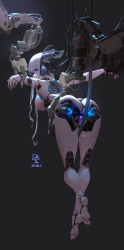 1girl absurdres android blue_eyes breasts cable dark_background dated hanging highres joints large_breasts long_hair mechanical_legs mechanical_parts mechanical_spine multicolored_eyes original pink_eyes ribao robot_joints science_fiction signature solo white_hair rating:Sensitive score:43 user:danbooru