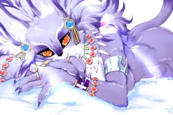  1girl alternate_form animal_ears armlet ass black_sclera bracelet breasts cat_ears cat_girl cat_tail claws colored_sclera earrings fangs furry isabella_(seiken_densetsu_3) jewelry lovehinba lying necklace on_bed purple_fur purple_hair red_eyes ring seiken_densetsu seiken_densetsu_3 slit_pupils tail 