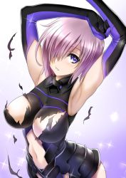 1girl armor armpits arms_up breasts clothing_cutout covered_erect_nipples elbow_gloves fate/grand_order fate_(series) gloves gradient_background hair_over_one_eye highres impossible_clothes large_breasts looking_at_viewer mash_kyrielight mitarashi_kousei navel navel_cutout parted_lips pink_hair purple_background purple_eyes short_hair solo sparkle sparkle_background torn_clothes white_background rating:Questionable score:11 user:danbooru