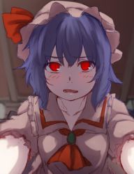  1girl ascot blue_hair blush bow hat hat_bow highres looking_at_viewer md5_mismatch mob_cap open_mouth puffy_sleeves red_eyes remilia_scarlet resized shirt short_hair short_sleeves solo terimayo touhou  rating:Sensitive score:9 user:danbooru
