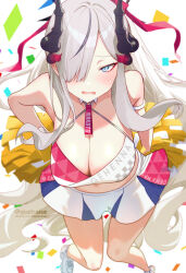  1girl alternate_costume asymmetrical_bangs bare_legs bare_shoulders blue_archive blush breasts cleavage confetti demon_horns grey_hair hair_over_one_eye highres holding holding_pom_poms horns large_breasts long_hair looking_at_viewer makoto_(blue_archive) midriff millennium_cheerleader_outfit_(blue_archive) miniskirt misskey.io_username navel one_eye_covered pom_pom_(cheerleading) pom_poms quatraise shoes sidelocks skirt sneakers solo sweatdrop twitter_username very_long_hair 