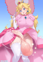  1girl artist_name blonde_hair blue_eyes breasts censored covered_erect_nipples crown curvy dress elbow_gloves erection futanari gloves highres huge_testicles large_breasts large_penis long_hair looking_at_viewer mario_(series) nintendo no_panties open_mouth penis pink_dress precum princess_peach solo super_mario_bros._1 testicles thick_thighs thighhighs thighs tongue tongue_out umbrella uno_makoto veins veiny_penis veiny_testicles wide_hips  rating:Explicit score:90 user:RadRuss