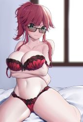 1girl absurdres arms_under_breasts bare_legs bare_shoulders blush bow bow_bra bow_panties bra breast_hold breasts_squeezed_together breasts cleavage closed_mouth collarbone crossed_arms furrowed_brow glasses green_eyes hair_between_eyes highres himeliofon lace lace_bra large_breasts looking_at_viewer navel original panties ponytail red_bra red_hair red_panties short_hair_with_long_locks sitting solo strap_slip sunglasses underwear rating:Sensitive score:14 user:danbooru