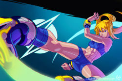  1girl abs ankle_boots armpits bike_shorts blonde_hair blue_eyes blue_footwear boots bracelet breasts clenched_hand clenched_teeth crop_top floating_hair flying_kick foreshortening glowing halterneck high_ponytail hip_focus jewelry kajin_(kajinman) kicking knee_boots light_trail lightning_bolt_symbol logo long_hair looking_to_the_side making-of_available metroid metroid_fusion midriff mole mole_under_mouth muscular muscular_female navel neon_trim nintendo ponytail samus_aran serious short_shorts shorts sidelocks signature solo spread_legs super_smash_bros. teeth toned watermark web_address wristband  rating:Sensitive score:58 user:dmysta3000