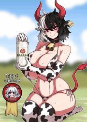 1girl animal_ears animal_print bell bikini black_hair blurry blurry_background blush bottle breasts collar commentary cow_ears cow_girl cow_horns cow_print cow_print_bikini cow_tail cowbell elbow_gloves english_commentary formicid full_body gloves heart heart-shaped_pupils highres holding holding_bottle horns huge_breasts kneeling logo looking_at_viewer messy_hair milk_bottle multicolored_hair multicolored_thighhighs outdoors print_bikini red_eyes red_horns smile solo sweat swimsuit symbol-shaped_pupils tail thick_thighs thighhighs thighs touhou toutetsu_yuuma two-tone_hair ushizaki_urumi white_hair rating:Sensitive score:41 user:danbooru
