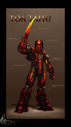  absurdres arm_blade bionicle black_border border character_name clenched_hand commentary english_commentary green_eyes highres humanoid_robot kanohi_(bionicle) looking_at_viewer mask matoran_language redesign robot shadow signature tahu_(bionicle) the-ht-wacom-man the_lego_group translation_request weapon 