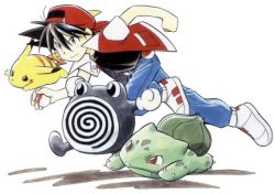  1990s_(style) bulbasaur creatures_(company) game_freak gen_1_pokemon mato nintendo official_art pikachu poke_ball pokemon pokemon_(creature) pokemon_adventures pokemon_rgby poliwhirl red_(pokemon) retro_artstyle running simple_background traditional_media 