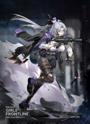  1girl ahoge ankle_boots apc9k_(girls&#039;_frontline) b&amp;t_apc b&amp;t_apc9 belt belt_pouch black_belt black_bra black_footwear black_hair black_pantyhose black_ribbon boots bra breasts burnt_clothes character_name cleavage colored_tips commentary copyright_name english_commentary flower flower_request full_body girls&#039;_frontline gloves grey_gloves grey_hair gun hair_between_eyes hair_flower hair_ornament hair_ribbon holding holding_gun holding_weapon id_card jacket jacket_on_shoulders kyo_(krokikyon) lace lace-trimmed_bra lace_trim large_breasts long_hair long_sleeves lower_teeth_only magazine_(weapon) mole mole_under_mouth multicolored_hair official_art pantyhose parted_lips pouch purple_eyes purple_flower reloading ribbon ringed_eyes running second-party_source shirt simple_background smoke solo standing standing_on_one_leg streaked_hair suppressor teeth thigh_strap thighband_pantyhose torn_clothes torn_jacket torn_pantyhose torn_shirt trigger_discipline underwear very_long_hair weapon white_shirt  rating:Sensitive score:1 user:danbooru