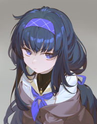  1girl black_hair blue_archive blue_eyes blue_hairband blue_neckerchief blue_ribbon hair_ribbon hairband jewelry long_hair looking_at_viewer low_twintails neckerchief necklace off_shoulder ribbon sailor_collar solo timbougami twintails ui_(blue_archive) white_sailor_collar  rating:General score:9 user:danbooru