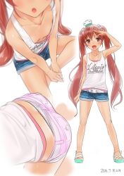  10s 1girl 2016 :d :o ama_mitsuki arm_up armpits artist_name ass bare_arms bare_legs bare_shoulders belt belt_buckle blue_shorts blurry blush breasts brown_eyes buckle casual character_name clothes_writing collarbone cursive dated denim denim_shorts depth_of_field downblouse downpants extended_downblouse flat_chest head_out_of_frame head_tilt hotpot italian jewelry kantai_collection kneeling libeccio_(kancolle) loli long_hair looking_at_viewer multiple_views necklace no_bra open_mouth panties panty_slip pink_shorts red_hair salute sandals shirt shorts simple_background sitting sleeveless smile spread_legs underwear v_arms very_long_hair white_background white_panties white_shirt 