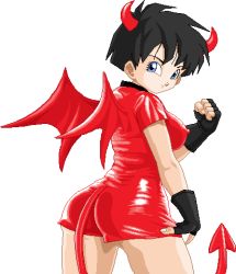  1girl ass black_hair blue_eyes clenched_hand costume demon demon_girl demon_horns demon_tail demon_wings dragon_ball fingerless_gloves gloves horns looking_at_viewer looking_back lowres short_hair solo standing tail videl warner white_background wings  rating:Questionable score:80 user:warner