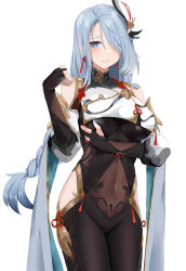 1girl absurdres bare_hips black_bodysuit black_gloves blue_eyes blue_nails blush bodysuit braid breasts closed_mouth covered_navel cowboy_shot elbow_gloves fingerless_gloves floating_hair genshin_impact gloves hair_over_one_eye highres kuyoumi large_breasts long_hair looking_at_viewer low-braided_long_hair low-tied_long_hair nail_polish ponytail shenhe_(genshin_impact) silver_hair simple_background smile solo standing very_long_hair white_background rating:Sensitive score:19 user:danbooru
