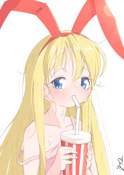 1girl absurdres amae_koromo animal_ears blonde_hair blue_eyes blush collarbone commentary drink drinking drinking_straw emma_(3one3o) hairband highres holding holding_drink hot looking_at_viewer messy_bangs messy_hair off_shoulder pink_tank_top rabbit_ears red_hairband saki_(manga) signature simple_background strap_slip sweat tank_top upper_body very_sweaty white_background