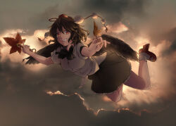  1girl bird_wings black_bow black_bowtie black_hair black_skirt black_wings bobby_socks bow bowtie breasts cloud cloudy_sky commentary_request feathered_wings flying frilled_skirt frills full_body geta hat hauchiwa highres holding holding_leaf leaf mikalina1009 miniskirt pointy_ears pom_pom_(clothes) puffy_short_sleeves puffy_sleeves red_footwear red_hat shameimaru_aya shirt short_sleeves skirt sky small_breasts socks solo tengu-geta tokin_hat touhou white_shirt wings 
