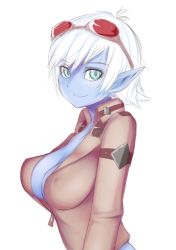  1girl blue_eyes blue_skin breasts cleavage colored_skin covered_erect_nipples goggles goggles_on_head large_breasts league_of_legends looking_at_viewer nekonyan_(nekoworld) aged_up open_clothes open_shirt pointy_ears shirt short_hair smile solo tristana unzipped white_hair yordle zipper  rating:Sensitive score:63 user:danbooru