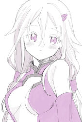  1girl bare_shoulders blush_stickers breasts center_opening character_request collared_leotard commentary_request copyright_request elbow_gloves full_body gloves hair_between_eyes hair_ornament hair_tubes hairclip leotard long_hair looking_at_viewer low_twintails medium_breasts no+bi= parted_lips pink_gloves pink_leotard purple_eyes purple_theme simple_background solo twintails white_background white_hair 