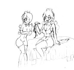 2girls arturparasito bad_tag barefoot bottle breasts cleavage cup drunk earrings embarrassed highres hot jewelry lingerie mario_(series) midriff multiple multiple_girls nintendo princess_peach rosalina_(mario) see-through sitting sketch sleepover super_mario_bros._1 super_mario_galaxy underwear rating:Questionable score:1 user:arturparasito