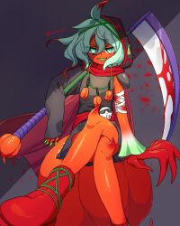  akira_(meltyhip) alraune bags_under_eyes bandaged_arm bandages blood blood_on_wall bloody_bandages bloody_weapon cape colored_skin colored_tongue commentary crossed_legs fingernails green_eyes green_hair green_nails green_tongue highres holding holding_scythe hood hoodie jewelry monster_girl multicolored_hair necklace open_mouth orange_skin original plant_girl red_cape red_footwear scythe sharp_fingernails sharp_teeth signature simple_background sitting teeth weapon 