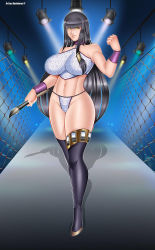  1girl black_hair breasts brush full_body highres ink large_breasts long_hair looking_at_viewer solo standing thick_thighs thighs thong wrestler yellow_eyes  rating:Questionable score:5 user:GrapplerGoddess