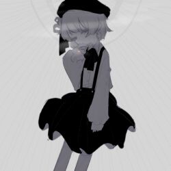  1girl aie beret between_fingers cigarette collared_shirt dress_shirt expressionless feet_out_of_frame greyscale hair_ribbon hair_rings half-closed_eyes halo_behind_head hat hatoba_tsugu highres holding holding_cigarette long_sleeves looking_at_viewer mole mole_under_eye monochrome neck_ribbon ribbon shirt shirt_tucked_in short_hair skirt sleeves_past_wrists smoke smoking solo spot_color standing suspender_skirt suspenders third-party_source tsugu_(vtuber) virtual_youtuber 