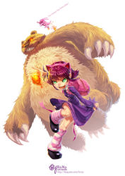  animal_ears annie_(league_of_legends) b.c.n.y backpack bag green_eyes kog_maw league_of_legends loli loped purple_hair shoes short_hair simple_background skirt smile sneakers striped_legwear tibbers  rating:Questionable score:29 user:Uzume