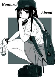  1girl akemi_homura arm_support backpack bag baseball_cap boots character_name cup drinking_straw expressionless from_side greyscale hand_on_own_chin hat highres holding holding_cup long_hair looking_afar mahou_shoujo_madoka_magica mahou_shoujo_madoka_magica_(anime) monochrome platform_boots platform_footwear riuriumagi shirt sitting solo squatting watch wristwatch 