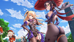  &gt;_&lt; 5girls absurdres ahoge amber_(genshin_impact) artist_request ass black_hair black_pantyhose black_thighhighs blonde_hair blue_eyes breasts cape detached_sleeves dress eyepatch fischl_(genshin_impact) from_behind garter_straps genshin_impact gloves green_eyes hair_between_eyes hair_ornament hair_ribbon hand_on_own_hip hands_on_own_hips hat hat_feather highres jean_(genshin_impact) klee_(genshin_impact) leotard long_hair looking_at_viewer looking_back medium_breasts mona_(genshin_impact) multiple_girls o_o open_mouth pantyhose pointy_ears ponytail ribbon shiny_clothes shiny_skin sideboob smile smug thighhighs thighs twintails very_long_hair  rating:Sensitive score:107 user:armorcrystal