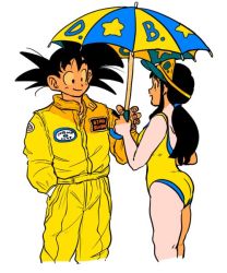  1boy 1girl :d aida_kaiko alternate_costume ass backless_swimsuit bare_arms bare_legs bare_shoulders black_eyes black_hair blunt_bangs chi-chi_(dragon_ball) closed_mouth clothes_writing collared_jacket dragon_ball dragon_ball_(classic) dragonball_z eyelashes facing_away fingernails hand_in_pocket hand_up happy holding holding_umbrella jacket legs_together looking_at_another one-piece_swimsuit open_mouth pants ponytail profile shadow sidelocks simple_background smile son_goku spiked_hair standing star_(symbol) star_print swimsuit two-tone_umbrella umbrella upper_body white_background yellow_jacket yellow_one-piece_swimsuit yellow_pants yellow_theme 
