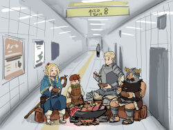  1girl 3boys ambrosia_(dungeon_meshi) armor beard blonde_hair blue_capelet blue_robe bowl braid brown_hair campfire capelet ceiling ceiling_light chilchuck_tims commentary cooking dungeon_meshi eating elf exit_sign facial_hair fake_horns fluorescent_lamp full_body green_scarf helmet holding holding_bowl holding_spoon horned_helmet horns indoors laios_touden leather_armor long_beard long_hair looking_at_another marcille_donato movie_poster_(object) multiple_boys plate_armor pointy_ears robe sandals scarf senshi_(dungeon_meshi) short_hair sitting sketch smile spoon subway_station tactile_paving tenten_(chan4545) the_exit_8 thick_beard tile_ceiling tile_floor tile_wall tiles tunnel very_long_beard 