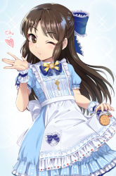  1girl alice_(alice_in_wonderland) alice_(alice_in_wonderland)_(cosplay) alice_in_wonderland apron back_bow black_hair blowing_kiss blue_bow blue_dress blush bow bowtie brooch brown_eyes bubble commentary cookie cosplay cowboy_shot dress eat_me food frilled_apron frilled_bow frills fruit hair_bow half_updo heart heart_print idolmaster idolmaster_cinderella_girls idolmaster_cinderella_girls_starlight_stage jewelry key key_necklace long_hair looking_at_viewer mintol_(qool+) necklace one_eye_closed parted_lips ribbon short_sleeves skirt_hold solo sparkle strawberry tachibana_arisu white_bow wrist_cuffs wrist_ribbon  rating:General score:13 user:danbooru