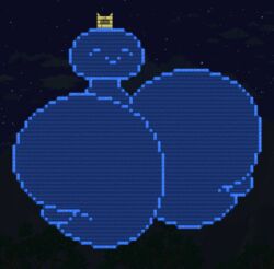  1girl blue_skin bouncing_breasts breasts breasts_squeezed_together closed_eyes cloud colored_skin crown gigantic_breasts happy monster_girl pixel_art screencap slime_girl smile solo star_background terraria tree  rating:Sensitive score:6 user:Ghostlockle