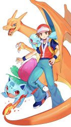  1boy absurdres backpack bag blue_eyes blue_pants brown_eyes brown_hair charizard claws colored_skin commentary creatures_(company) fangs fire game_freak gen_1_pokemon hat highres holding holding_poke_ball ivysaur male_focus nintendo one_eye_closed open_mouth orange_skin pants poke_ball poke_ball_(basic) pokemon pokemon_(creature) pokemon_frlg red_eyes red_hat short_hair simple_background squirtle super_smash_bros. tail v-shaped_eyebrows white_background wings yasaikakiage yellow_bag 