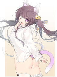  1girl ;3 ;d animal_ear_fluff animal_ears ass bell black_ribbon blush bottomless breasts brown_hair cat_ears cat_girl cat_tail commission fang hair_bell hair_ornament hair_ribbon head_tilt highres holding holding_own_hair jingle_bell korean_commentary large_breasts long_hair long_sleeves looking_at_viewer looking_to_the_side naked_shirt one_eye_closed open_mouth original pillarboxed pink_tail purple_eyes ribbon second-party_source shirt sidelocks smile solo sul-lin-a_(hurukku) tail thighhighs tsuka twintails very_long_hair white_shirt white_thighhighs 