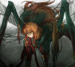  1girl armlet blood blood_in_hair blood_on_face colored_sclera e.g.o_(project_moon) fairy_festival fairy_wings freckles gradient_hair green_hair highres humian0101 intestines ishmael_(project_moon) limbus_company long_hair looking_at_viewer monster multicolored_hair multiple_legs murder no_pupils orange_hair project_moon sidelocks solo very_long_hair wings yellow_sclera 