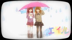  2girls black_border black_footwear black_pantyhose black_skirt blunt_bangs blurry border bow brown_eyes brown_footwear brown_hair cardigan closed_eyes collared_shirt commentary eir_(vocaloid) english_commentary flower_(symbol) framed full_body grey_cardigan hair_bow highres holding holding_paper holding_umbrella long_hair long_sleeves looking_ahead multiple_girls pantyhose paper parted_lips pink_bow pink_umbrella polka_dot polka_dot_umbrella print_umbrella purple_cardigan red_hair red_skirt rounded_corners shirt shoes skirt sky_print song_name standing thighhighs umbrella vocaloid water_drop white_shirt white_thighhighs yunare 