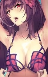  1girl arms_up bare_shoulders bikini blush breasts cleavage collarbone dynamitenatalia fate/grand_order fate_(series) flower hair_flower hair_ornament highres large_breasts long_hair looking_at_viewer nipple_stimulation nipple_tweak open_mouth purple_bikini purple_hair red_eyes scathach_(fate) scathach_(fate/grand_order) scathach_(swimsuit_assassin)_(fate) solo solo_focus swimsuit 