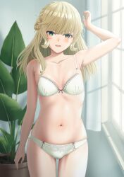  1girl arm_up blonde_hair blush bra breasts curtains green_eyes hair_bun highres indoors kantai_collection long_hair looking_at_viewer mikan_29344886 panties parted_lips plant potted_plant ranger_(kancolle) single_side_bun small_breasts solo underwear underwear_only white_bra white_panties window  rating:Sensitive score:16 user:danbooru