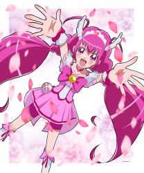  1girl :d arms_up bike_shorts_under_skirt blush bow cherry_blossoms choker commentary_request cure_happy head_wings highres hoshizora_miyuki jewelry long_hair looking_at_viewer magical_girl ofutonnnineko open_mouth outstretched_arms pink_bow pink_choker pink_eyes pink_hair pink_shorts pink_skirt precure shorts shorts_under_skirt simple_background skirt smile smile_precure! solo spread_fingers tiara twintails wings wrist_cuffs 